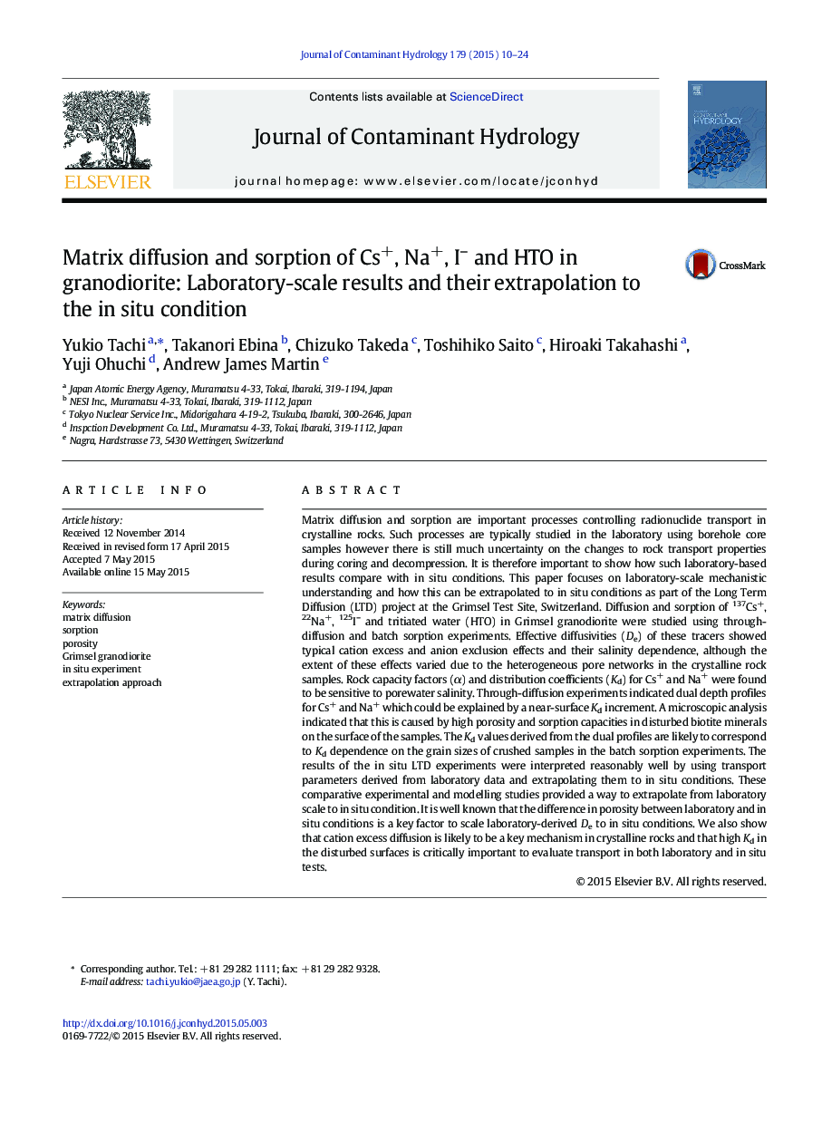 Matrix diffusion and sorption of Cs+, Na+, I- and HTO in granodiorite: Laboratory-scale results and their extrapolation to the in situ condition