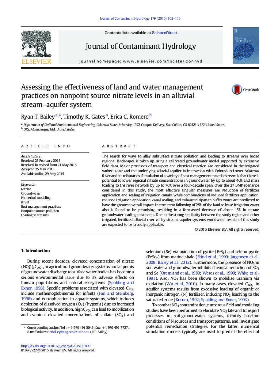 Assessing the effectiveness of land and water management practices on nonpoint source nitrate levels in an alluvial stream-aquifer system