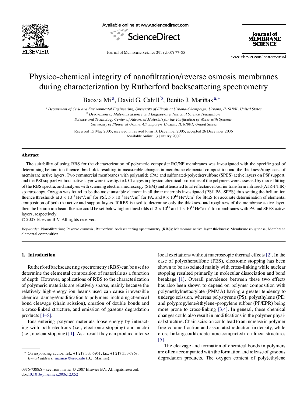 Physico-chemical integrity of nanofiltration/reverse osmosis membranes during characterization by Rutherford backscattering spectrometry