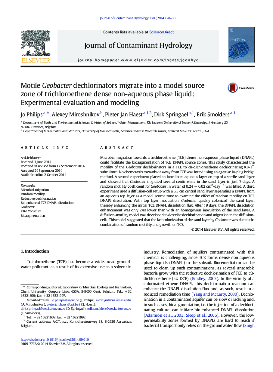 Motile Geobacter dechlorinators migrate into a model source zone of trichloroethene dense non-aqueous phase liquid: Experimental evaluation and modeling