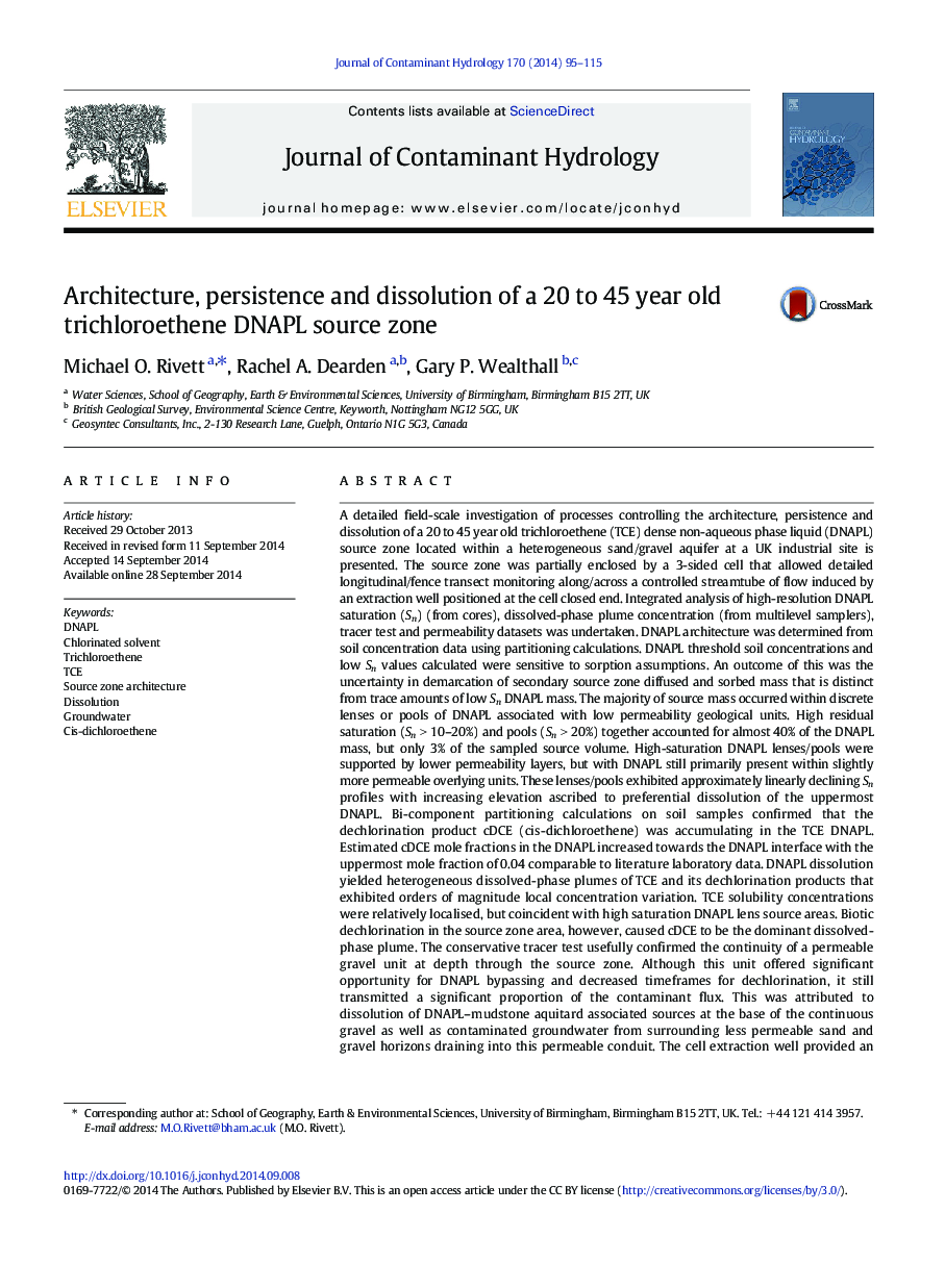 Architecture, persistence and dissolution of a 20 to 45Â year old trichloroethene DNAPL source zone