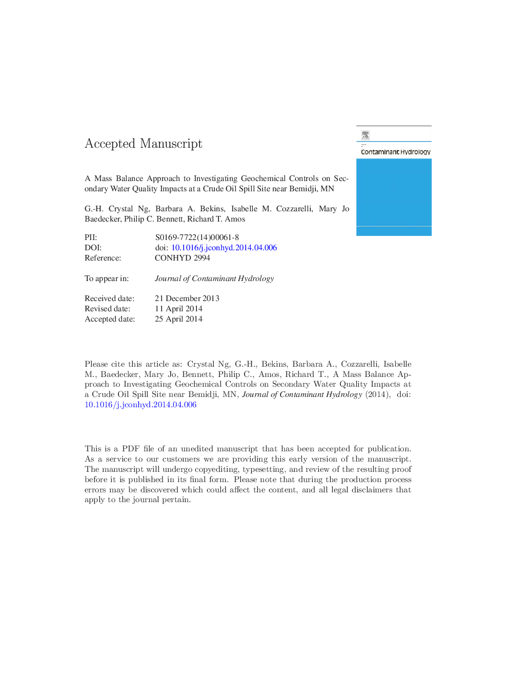 A mass balance approach to investigating geochemical controls on secondary water quality impacts at a crude oil spill site near Bemidji, MN