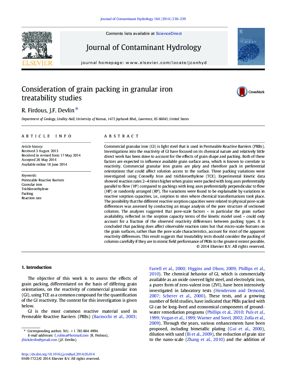 Consideration of grain packing in granular iron treatability studies