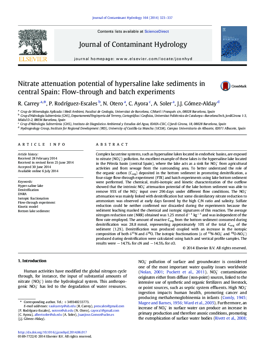 Nitrate attenuation potential of hypersaline lake sediments in central Spain: Flow-through and batch experiments