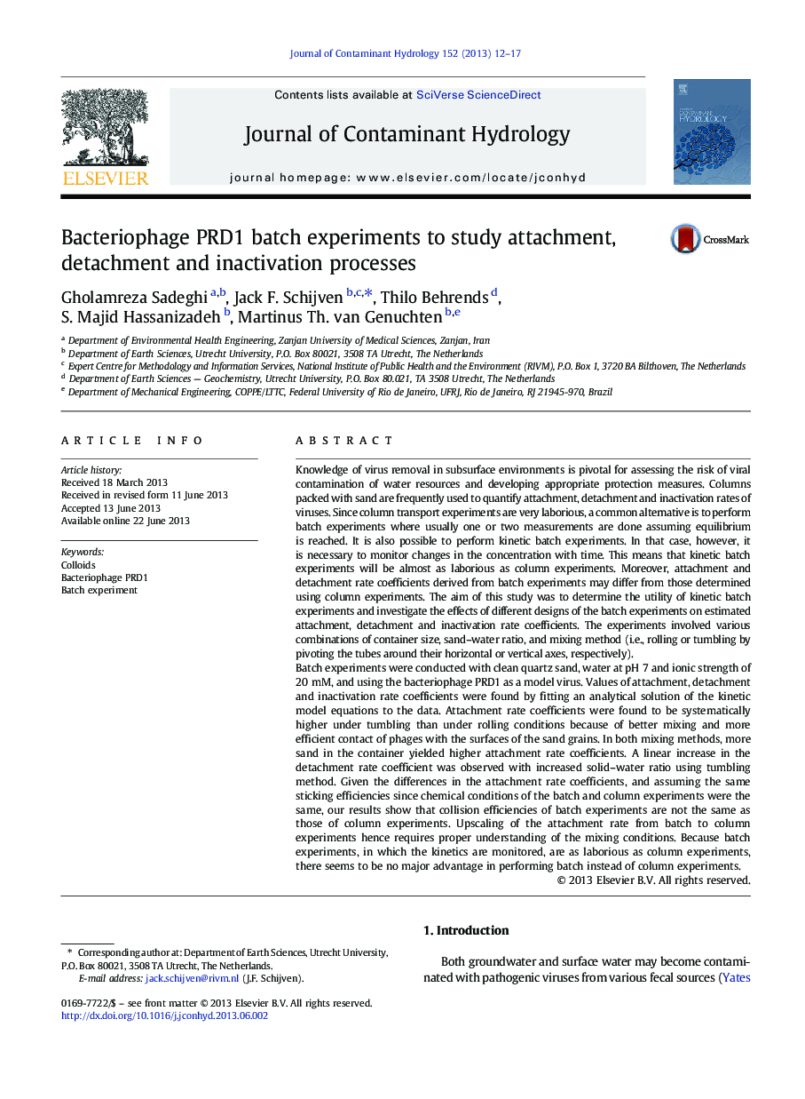 Bacteriophage PRD1 batch experiments to study attachment, detachment and inactivation processes