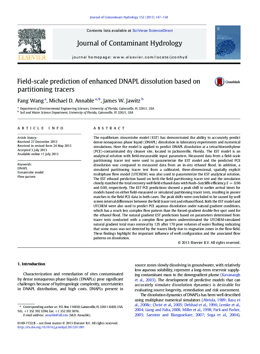 عکس صفحه اول مقاله: Field-scale prediction of enhanced DNAPL dissolution based on partitioning tracers Field-scale prediction of enhanced DNAPL dissolution based on partitioning tracers