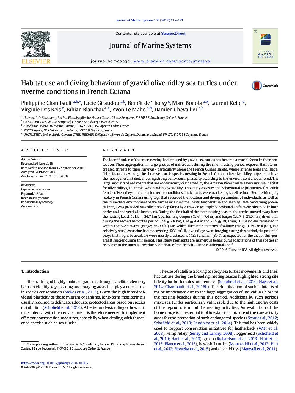 Habitat use and diving behaviour of gravid olive ridley sea turtles under riverine conditions in French Guiana