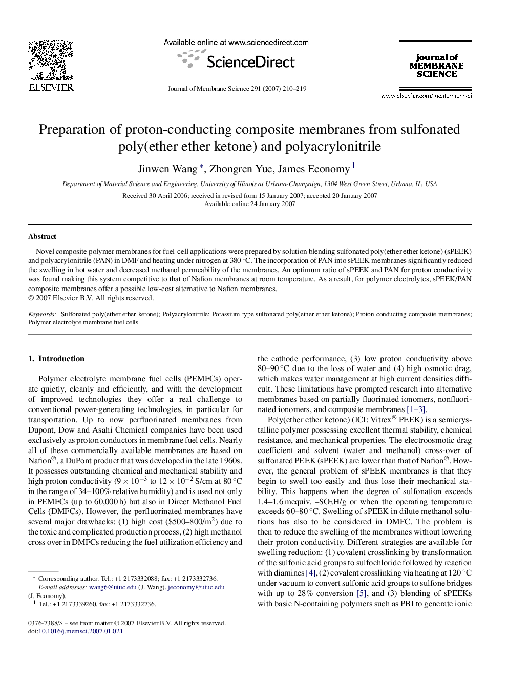 Preparation of proton-conducting composite membranes from sulfonated poly(ether ether ketone) and polyacrylonitrile