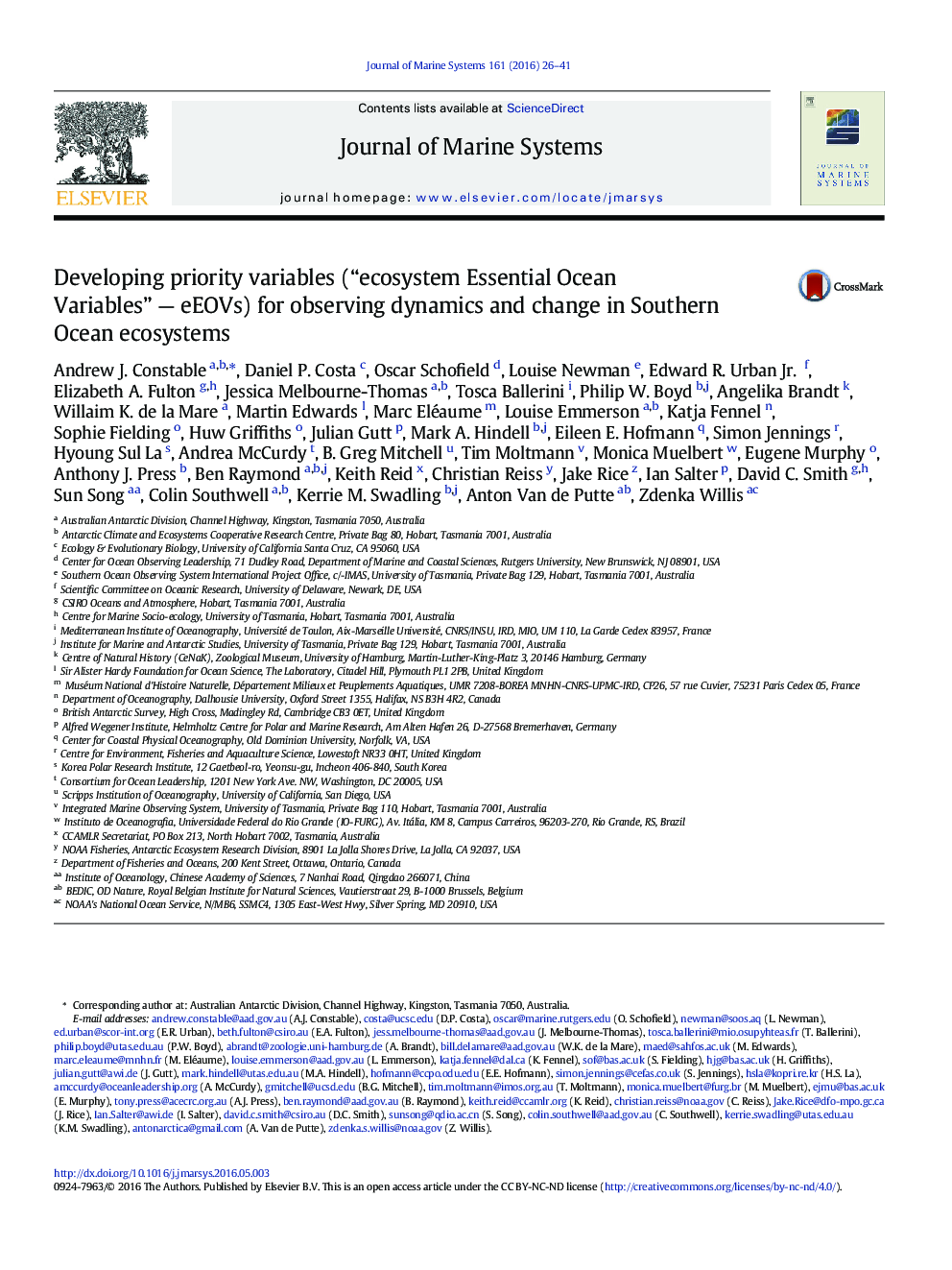 Developing priority variables (“ecosystem Essential Ocean Variables” - eEOVs) for observing dynamics and change in Southern Ocean ecosystems