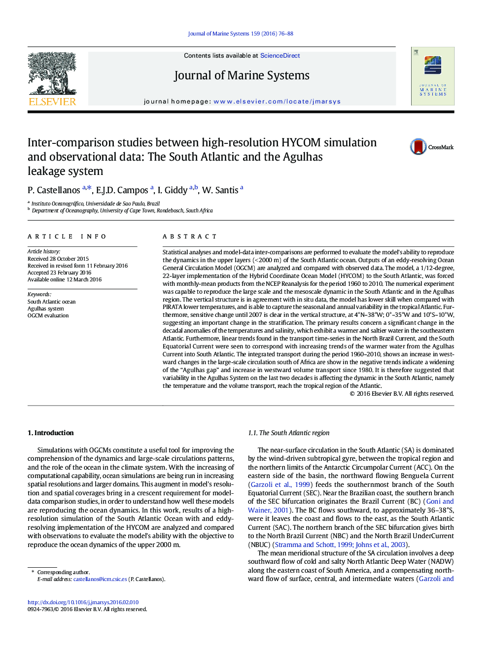 Inter-comparison studies between high-resolution HYCOM simulation and observational data: The South Atlantic and the Agulhas leakage system