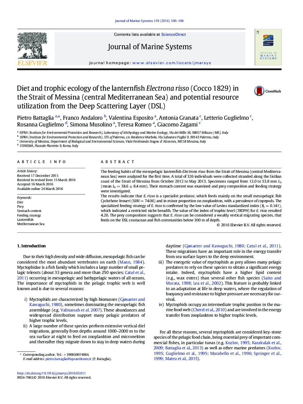 Diet and trophic ecology of the lanternfish Electrona risso (Cocco 1829) in the Strait of Messina (central Mediterranean Sea) and potential resource utilization from the Deep Scattering Layer (DSL)