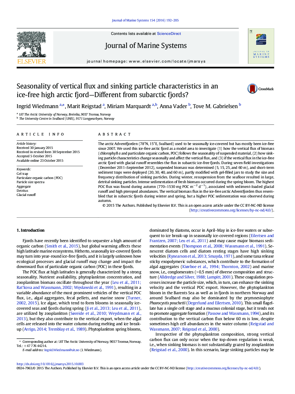 Seasonality of vertical flux and sinking particle characteristics in an ice-free high arctic fjord-Different from subarctic fjords?