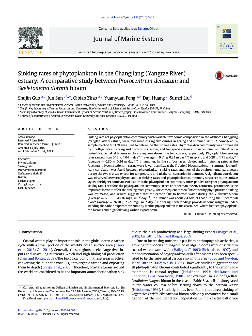 Sinking rates of phytoplankton in the Changjiang (Yangtze River) estuary: A comparative study between Prorocentrum dentatum and Skeletonema dorhnii bloom