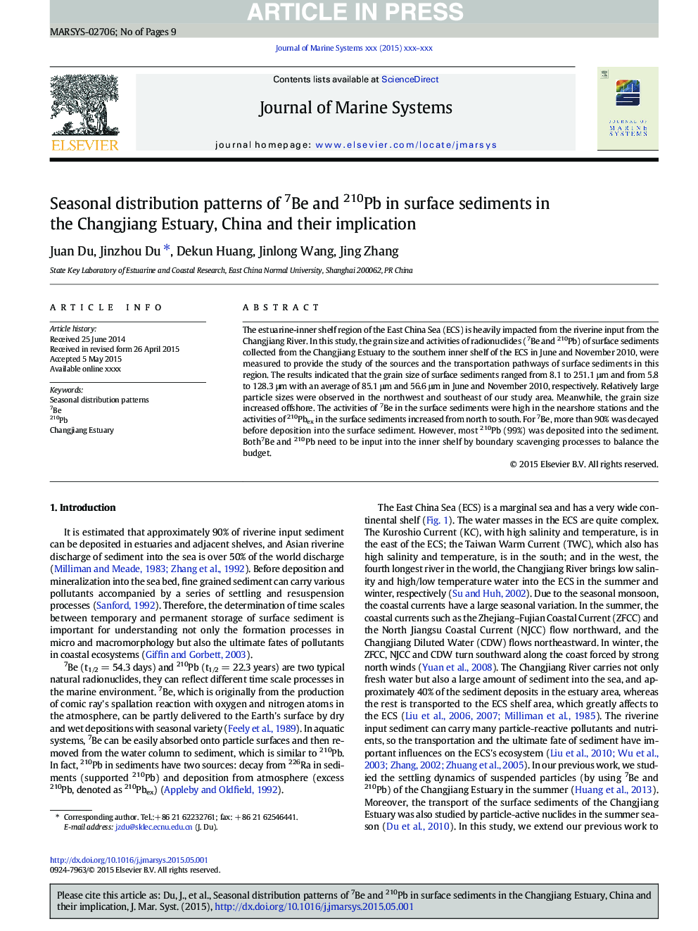 Seasonal distribution patterns of 7Be and 210Pb in surface sediments in the Changjiang Estuary, China and their implication