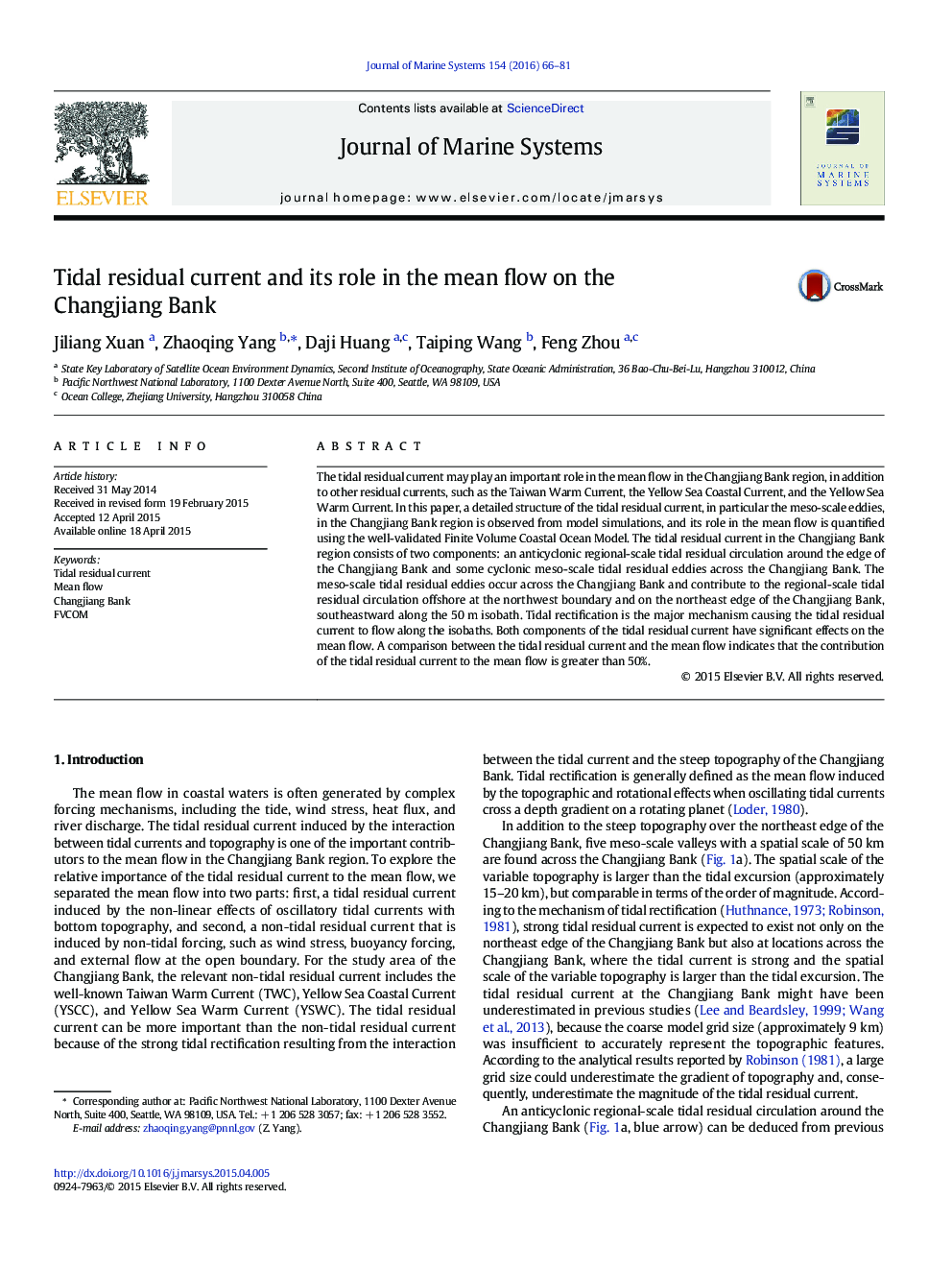 Tidal residual current and its role in the mean flow on the Changjiang Bank