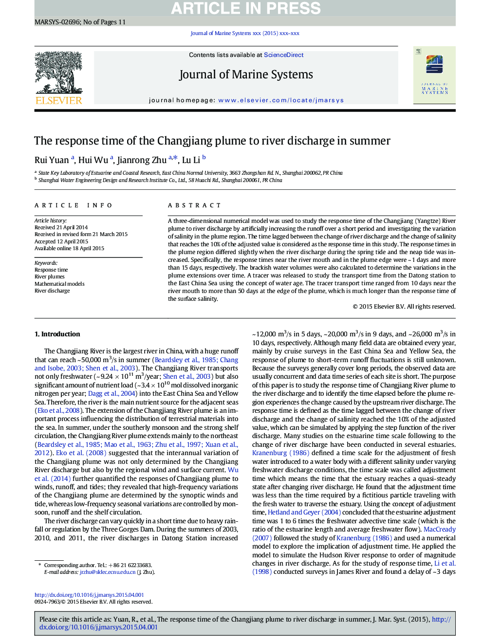 The response time of the Changjiang plume to river discharge in summer