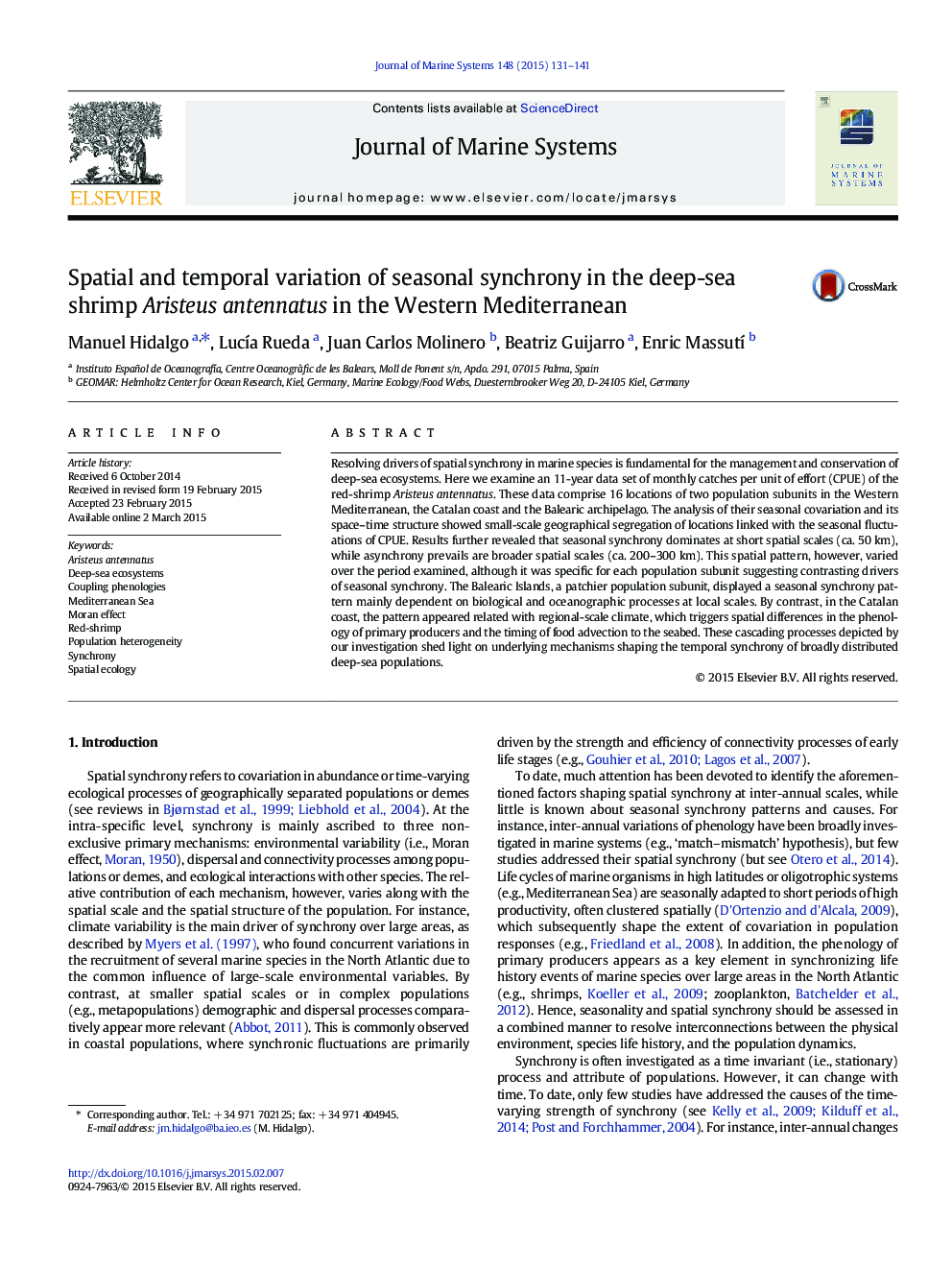 Spatial and temporal variation of seasonal synchrony in the deep-sea shrimp Aristeus antennatus in the Western Mediterranean