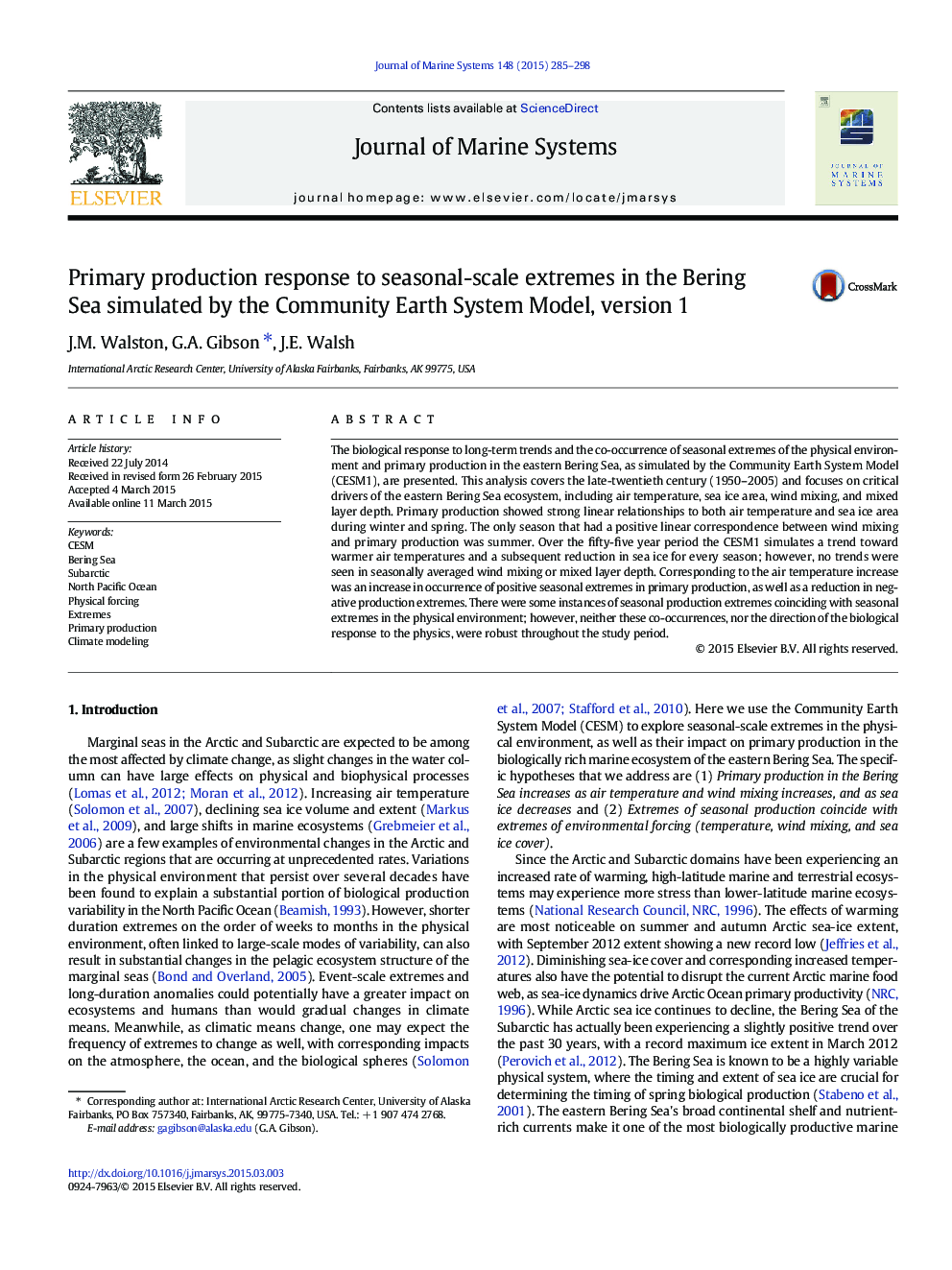 Primary production response to seasonal-scale extremes in the Bering Sea simulated by the Community Earth System Model, version 1