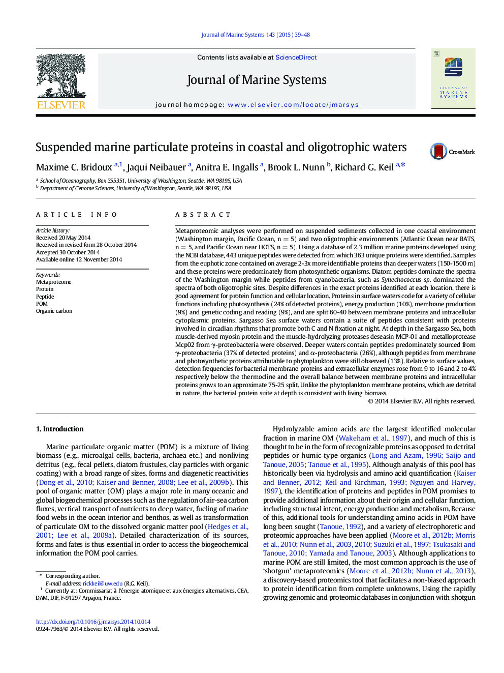 Suspended marine particulate proteins in coastal and oligotrophic waters