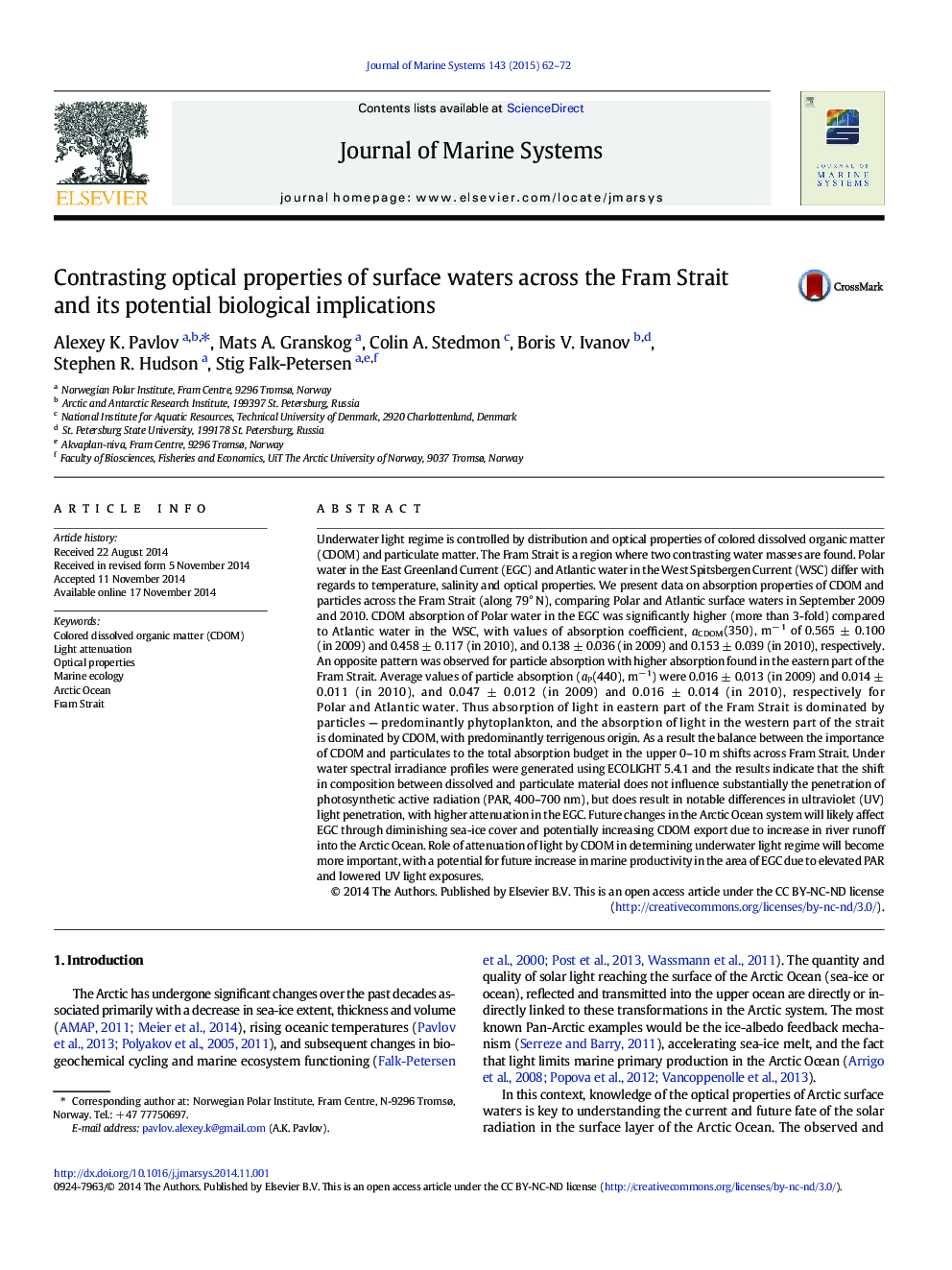 Contrasting optical properties of surface waters across the Fram Strait and its potential biological implications