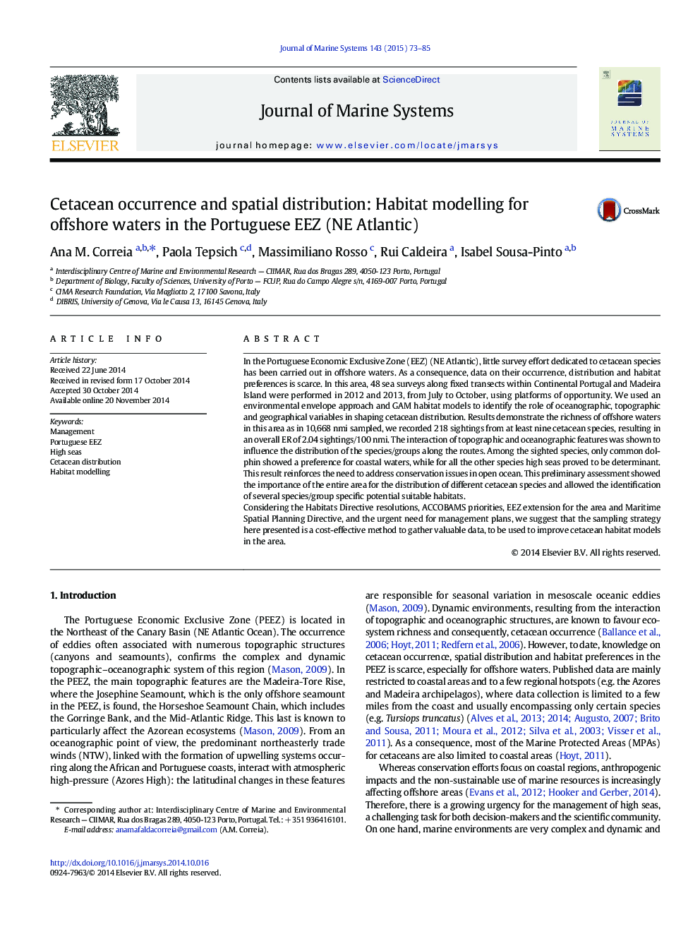 Cetacean occurrence and spatial distribution: Habitat modelling for offshore waters in the Portuguese EEZ (NE Atlantic)