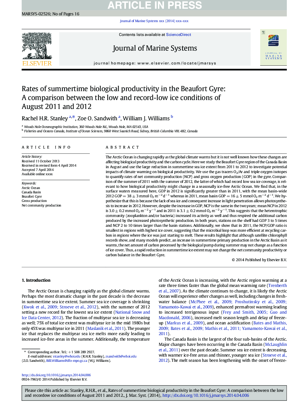 Rates of summertime biological productivity in the Beaufort Gyre: A comparison between the low and record-low ice conditions of August 2011 and 2012