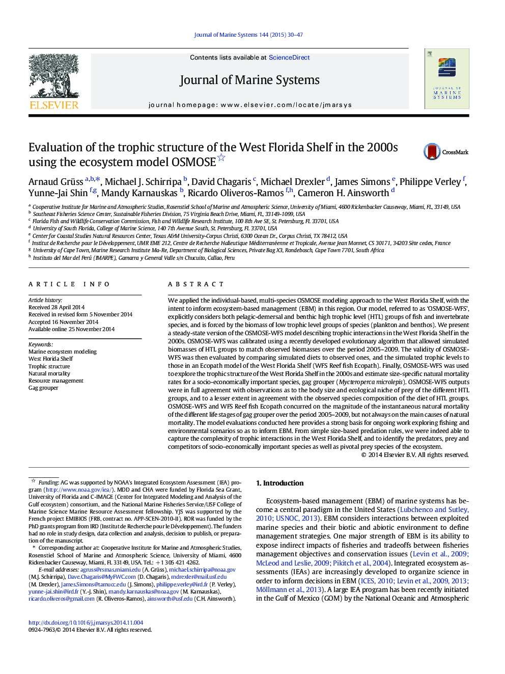 Evaluation of the trophic structure of the West Florida Shelf in the 2000s using the ecosystem model OSMOSE