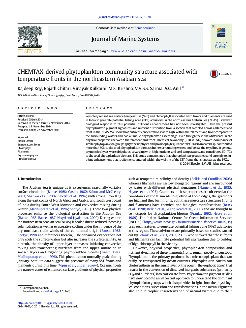 CHEMTAX-derived phytoplankton community structure associated with temperature fronts in the northeastern Arabian Sea