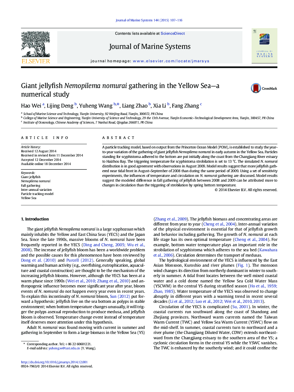 Giant jellyfish Nemopilema nomurai gathering in the Yellow Sea-a numerical study