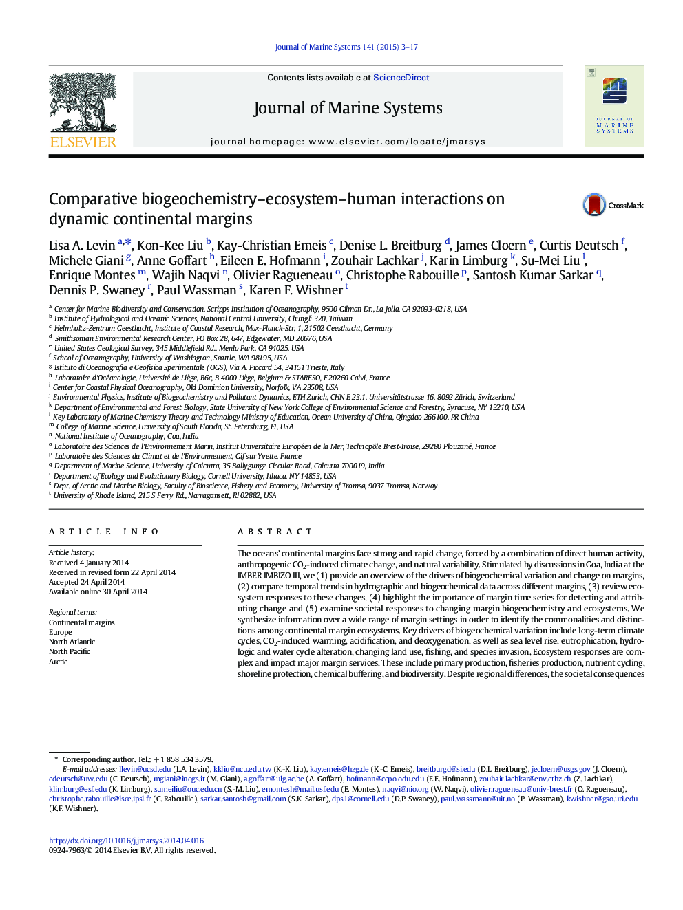عکس صفحه اول مقاله: Comparative biogeochemistry-ecosystem-human interactions on dynamic continental margins Comparative biogeochemistry-ecosystem-human interactions on dynamic continental margins