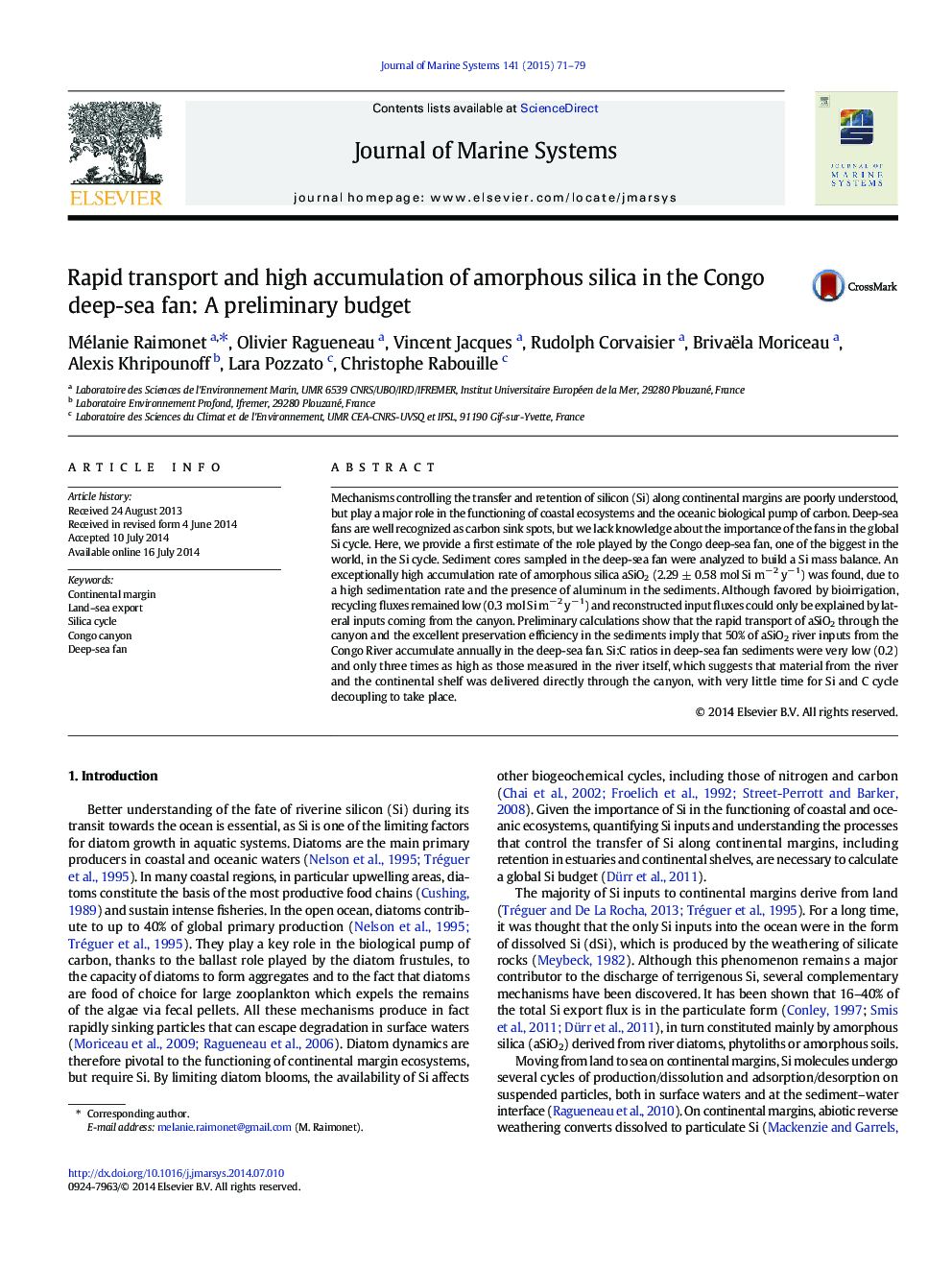 Rapid transport and high accumulation of amorphous silica in the Congo deep-sea fan: A preliminary budget