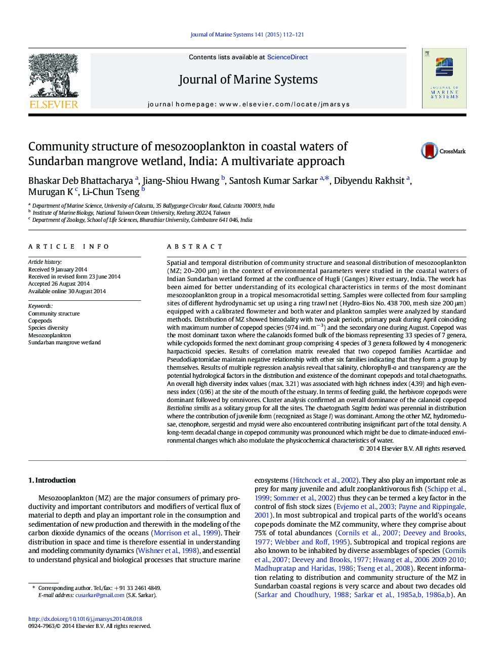 Community structure of mesozooplankton in coastal waters of Sundarban mangrove wetland, India: A multivariate approach