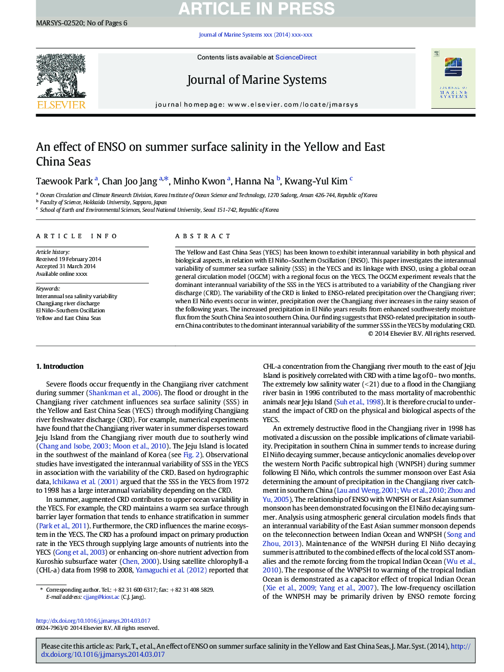 An effect of ENSO on summer surface salinity in the Yellow and East China Seas