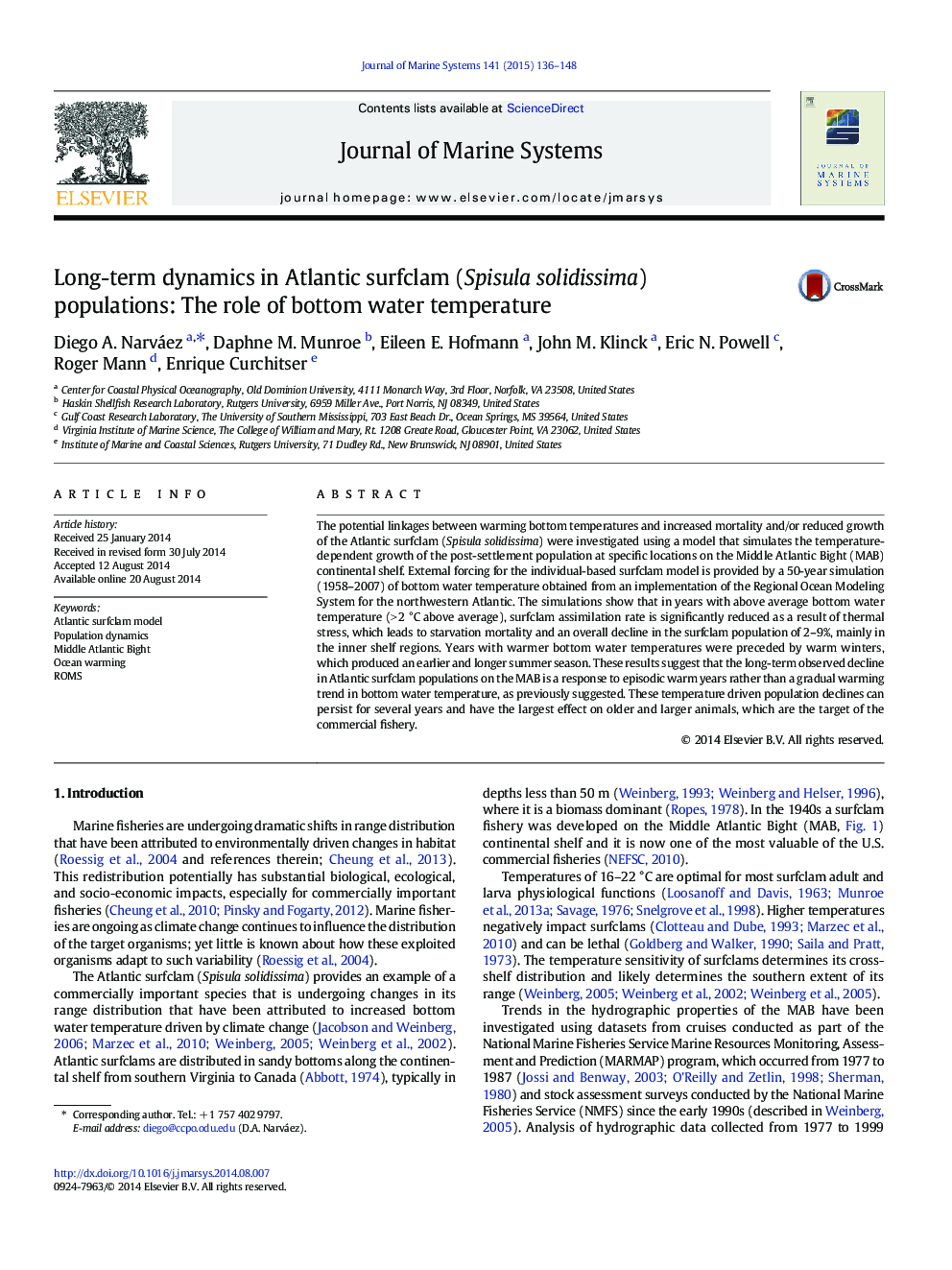 Long-term dynamics in Atlantic surfclam (Spisula solidissima) populations: The role of bottom water temperature