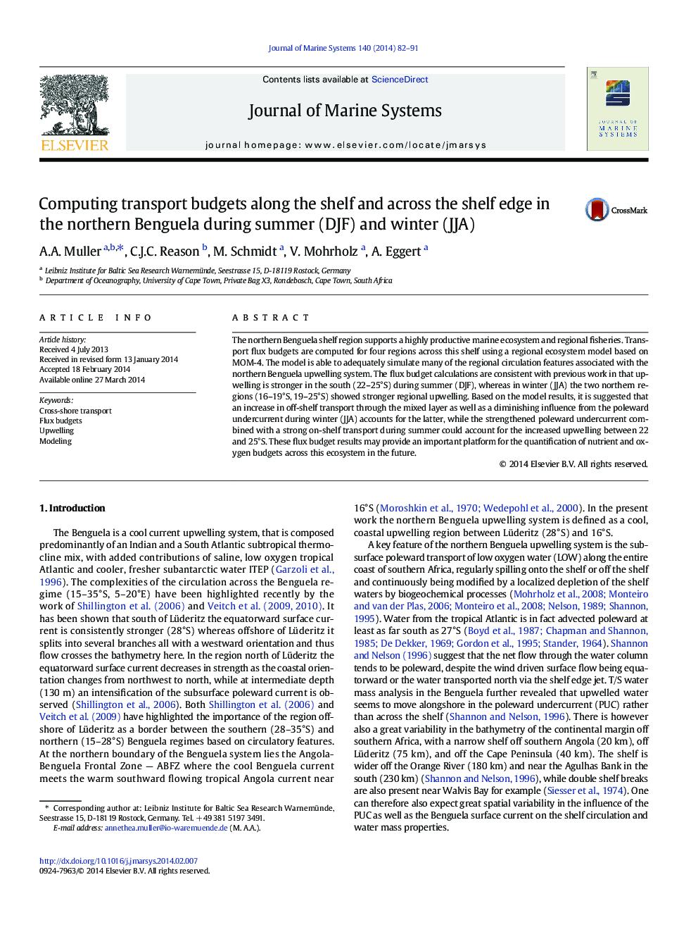 Computing transport budgets along the shelf and across the shelf edge in the northern Benguela during summer (DJF) and winter (JJA)