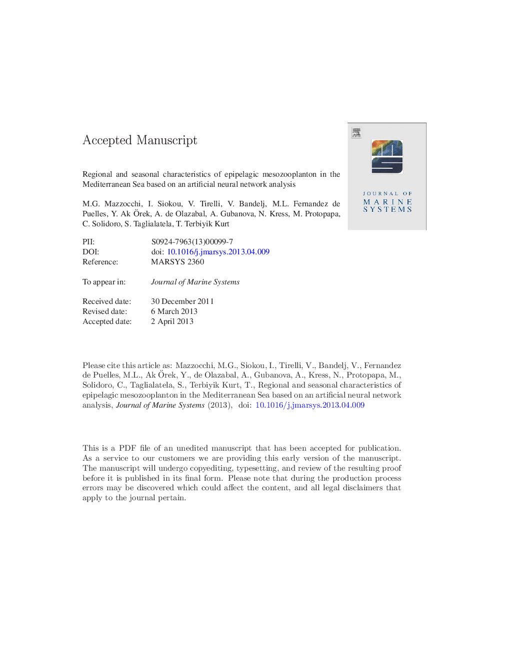 Regional and seasonal characteristics of epipelagic mesozooplankton in the Mediterranean Sea based on an artificial neural network analysis