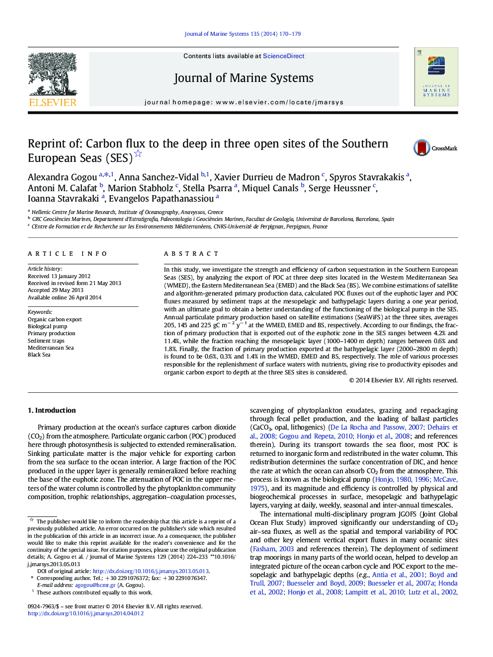 Reprint of: Carbon flux to the deep in three open sites of the Southern European Seas (SES)