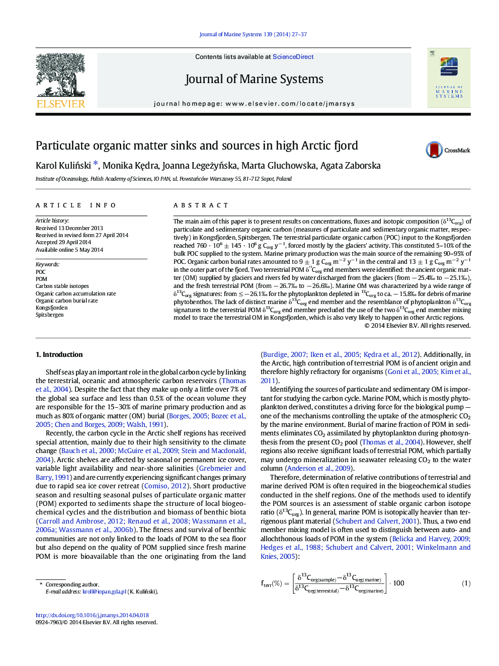 Particulate organic matter sinks and sources in high Arctic fjord