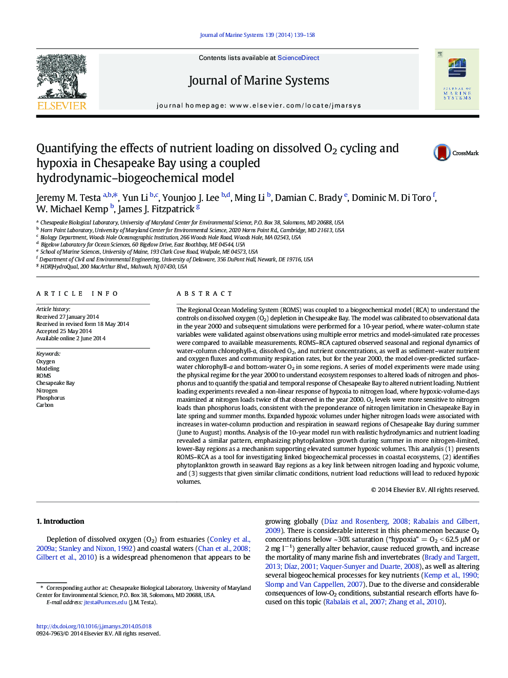 Quantifying the effects of nutrient loading on dissolved O2 cycling and hypoxia in Chesapeake Bay using a coupled hydrodynamic-biogeochemical model