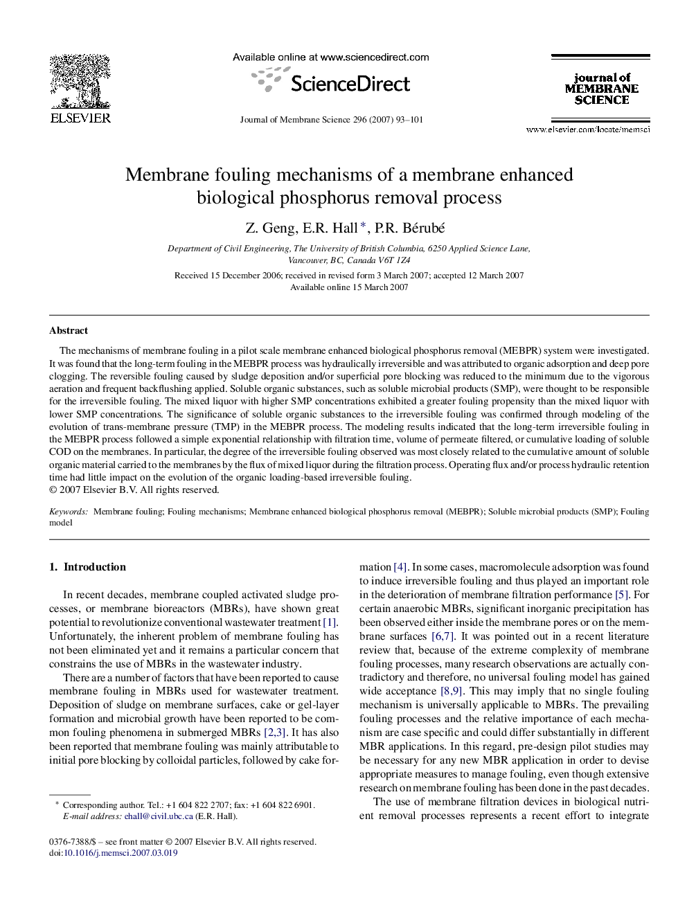 Membrane fouling mechanisms of a membrane enhanced biological phosphorus removal process