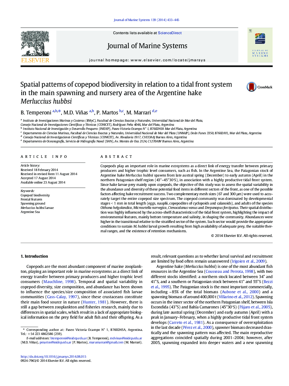 Spatial patterns of copepod biodiversity in relation to a tidal front system in the main spawning and nursery area of the Argentine hake Merluccius hubbsi