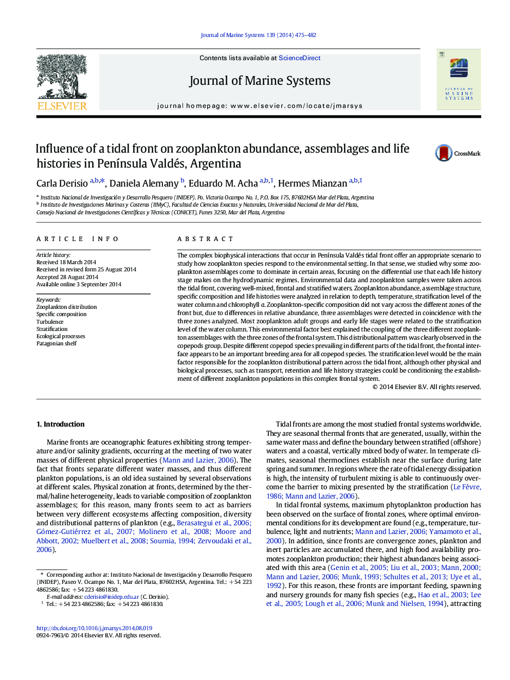 Influence of a tidal front on zooplankton abundance, assemblages and life histories in PenÃ­nsula Valdés, Argentina