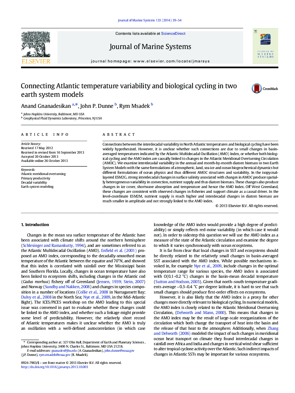 Connecting Atlantic temperature variability and biological cycling in two earth system models