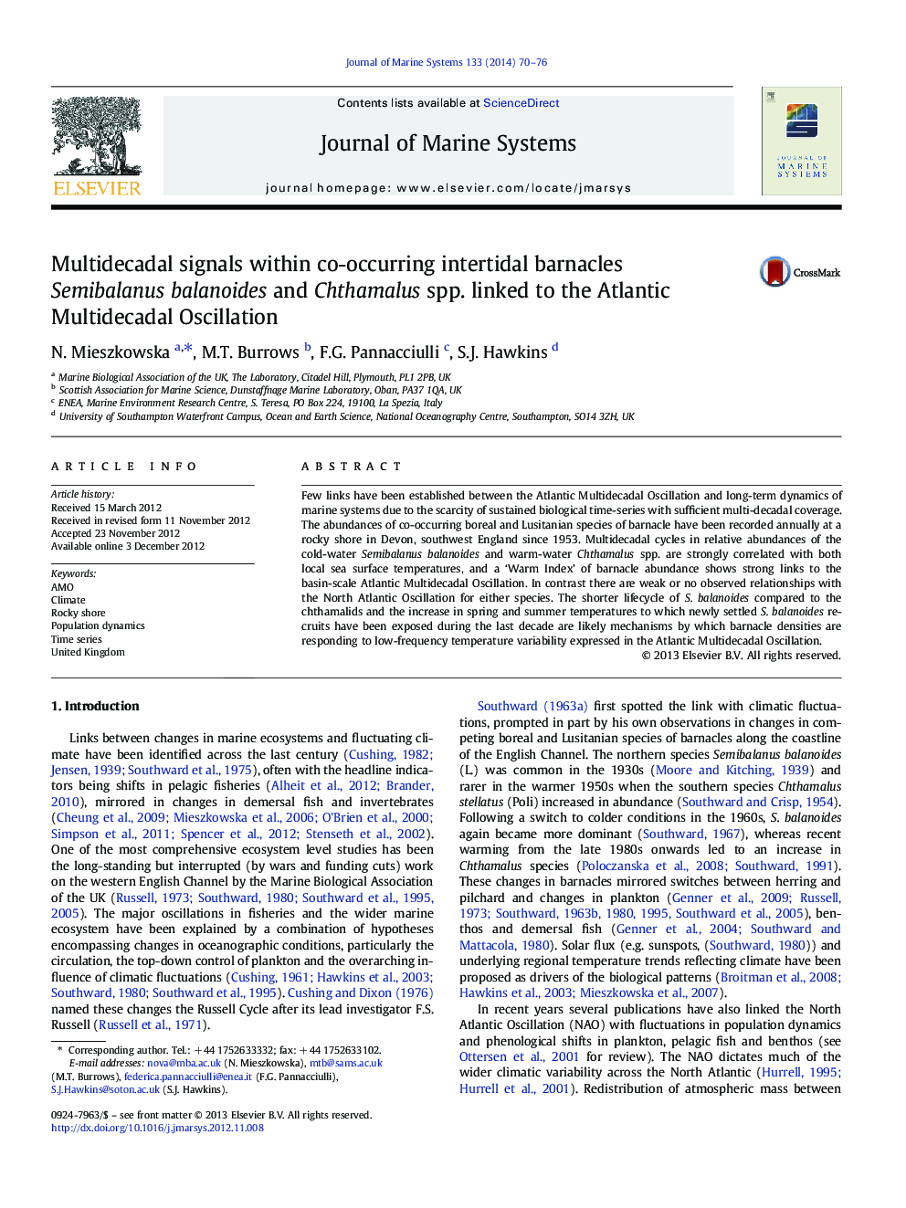 Multidecadal signals within co-occurring intertidal barnacles Semibalanus balanoides and Chthamalus spp. linked to the Atlantic Multidecadal Oscillation