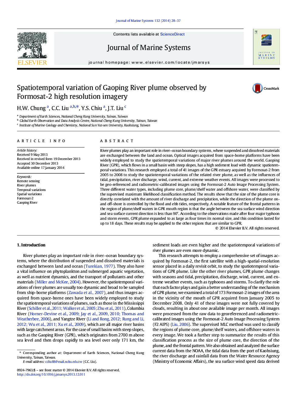 Spatiotemporal variation of Gaoping River plume observed by Formosat-2 high resolution imagery