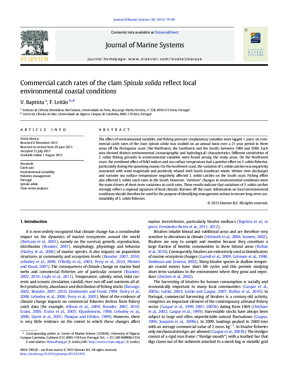 Commercial catch rates of the clam Spisula solida reflect local environmental coastal conditions