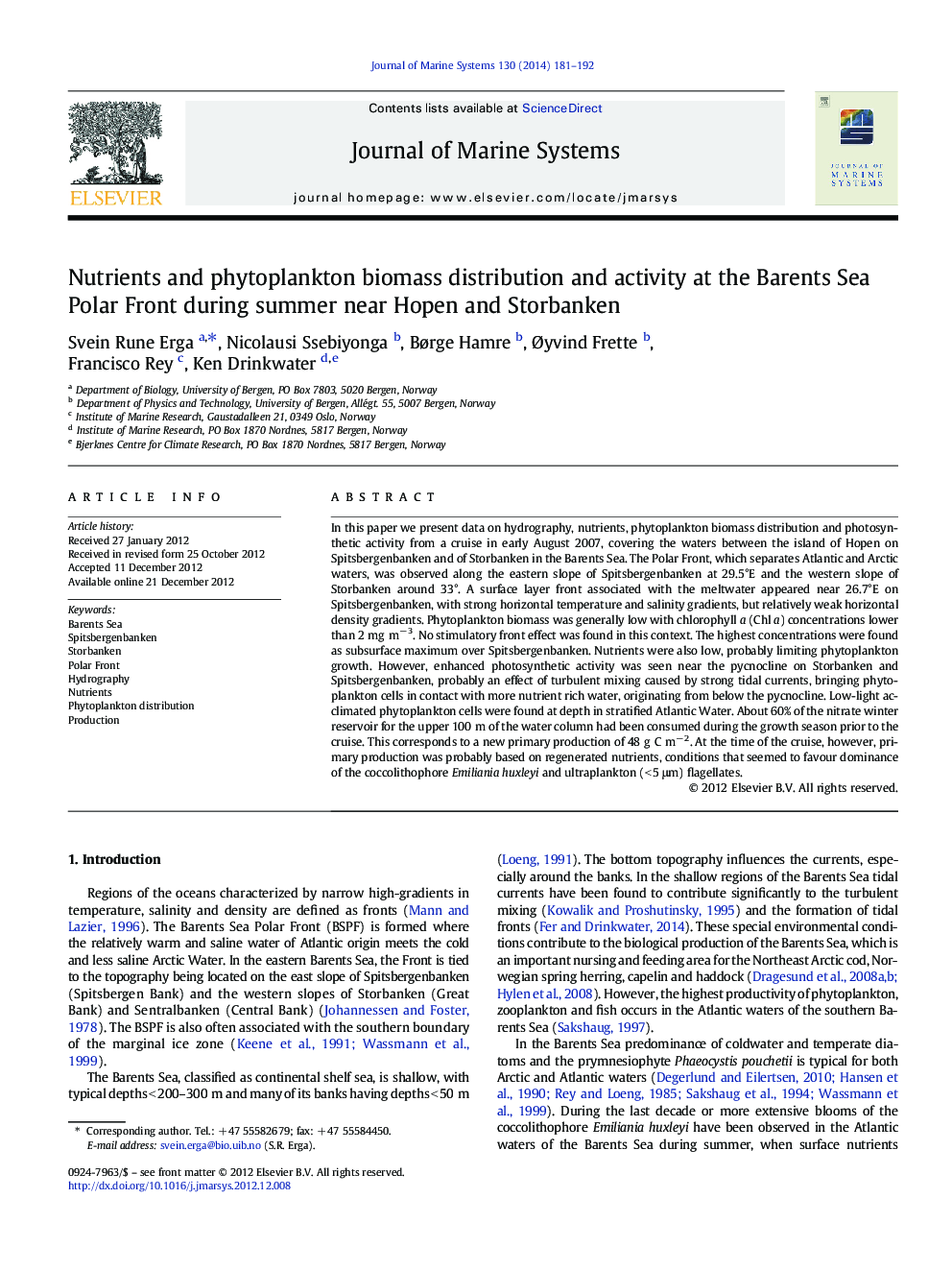 Nutrients and phytoplankton biomass distribution and activity at the Barents Sea Polar Front during summer near Hopen and Storbanken