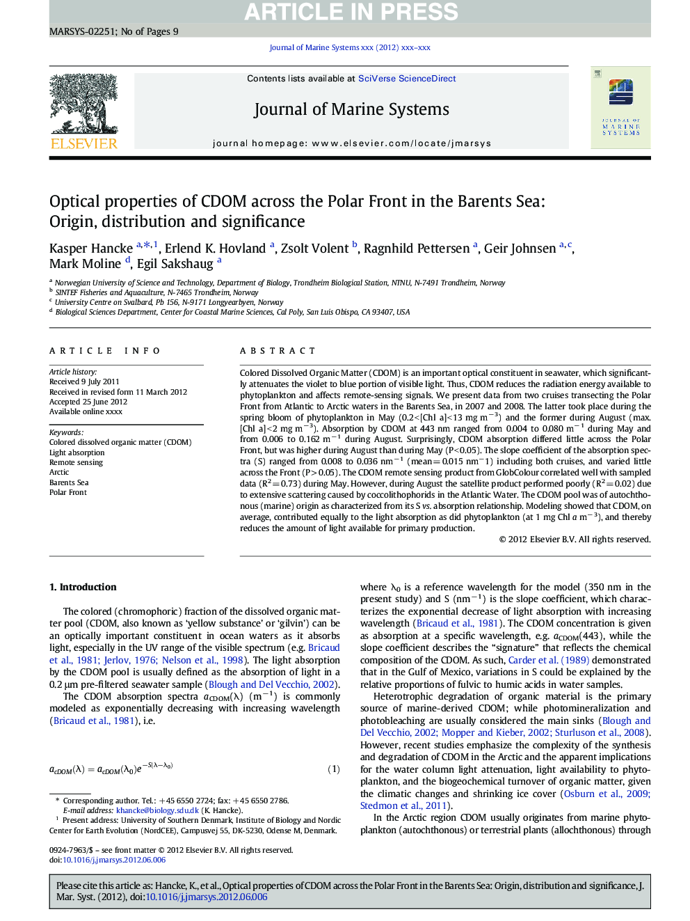 Optical properties of CDOM across the Polar Front in the Barents Sea: Origin, distribution and significance