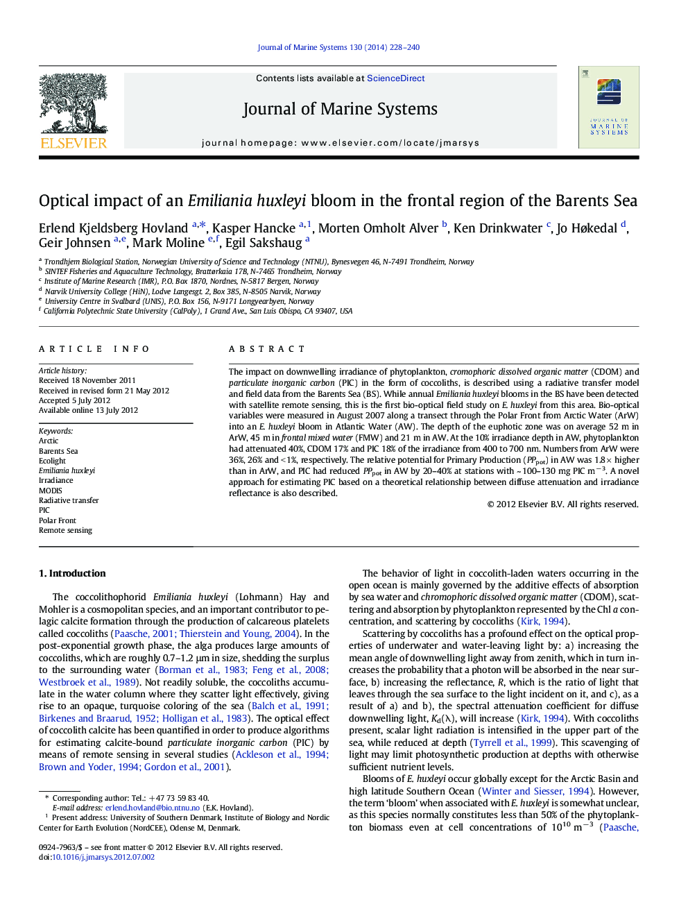 Optical impact of an Emiliania huxleyi bloom in the frontal region of the Barents Sea