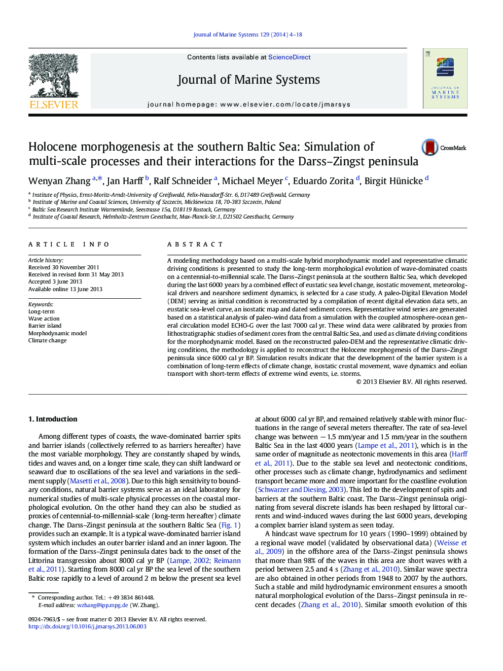 Holocene morphogenesis at the southern Baltic Sea: Simulation of multi-scale processes and their interactions for the Darss-Zingst peninsula